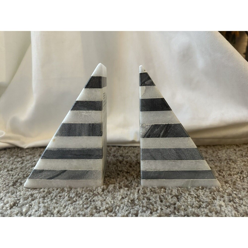 West Elm Marble Angle Pyramid Striped Bookends Handcrafted A Pair